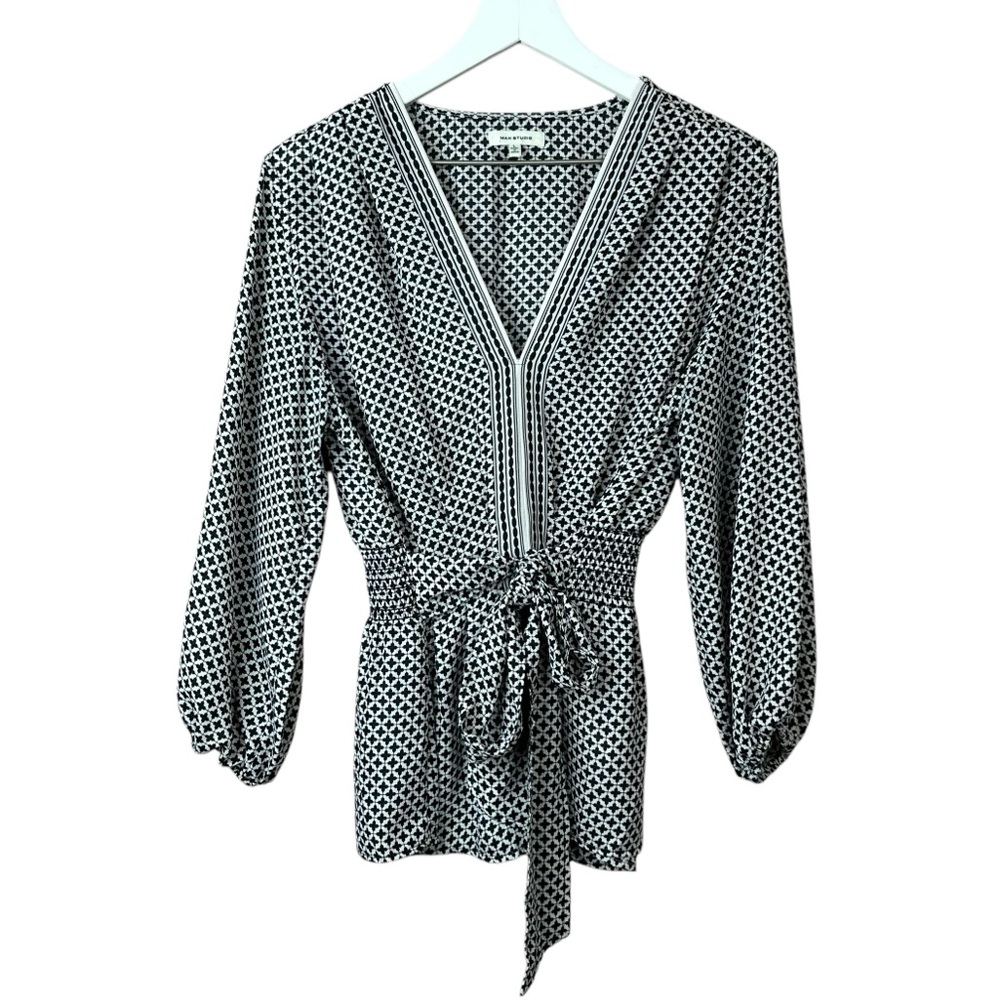 Max Studio Black White Faux Wrap Top Women Sz L